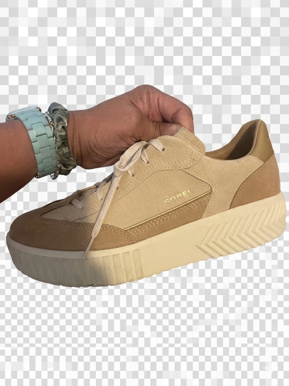 Sorel Women's Beige/Tan and Gold Suede Platform Sneakers - Picture 3 of 12